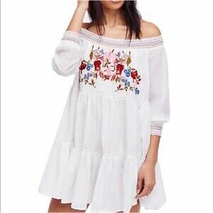 Free People Sunbeams White Graduation Dress Floral Embroidered Mini Dress Sz S